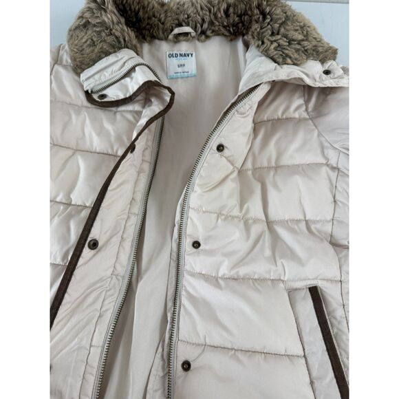 Old Navy Women's Puffer Jacket Faux Fur Collar Cream Brown Trim Size S *Stains* - Picture 4 of 11